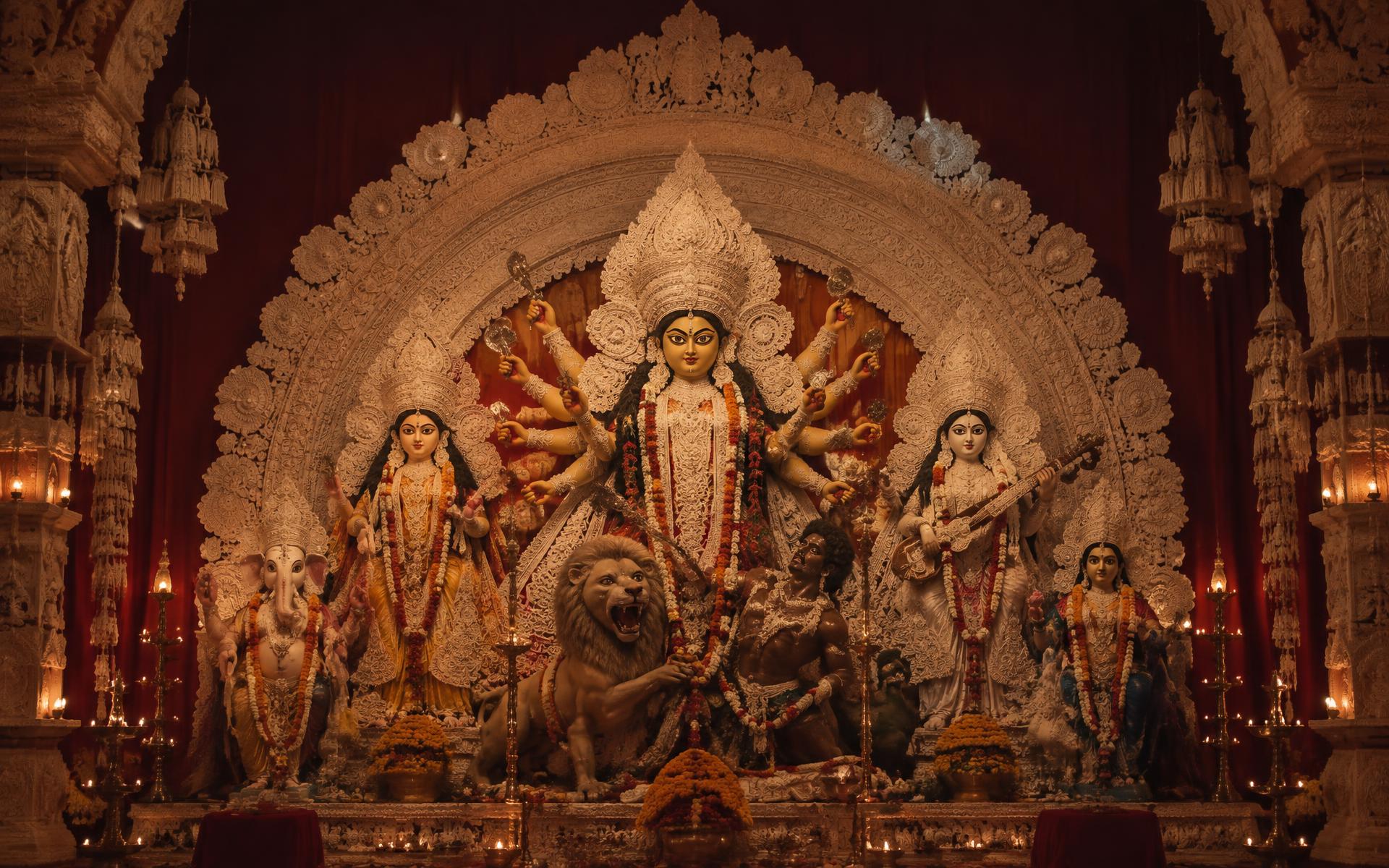 An illustrated Durga idol tableau in a ceremonial pandal